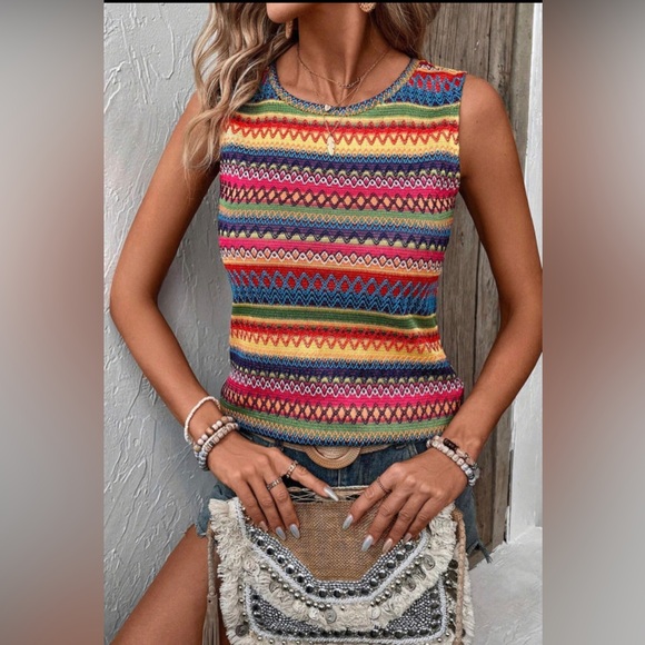 NWT Multicolored Ethnic Wavy Pattern Round Neck Sleeveless Tank Top S M L X L - Picture 6 of 13
